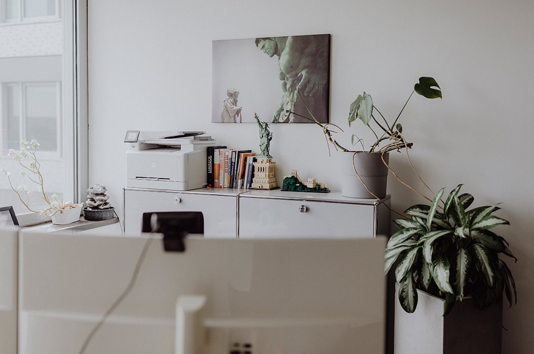 Ein gemütliches, modernes Büro mit Zimmerpflanzen, Kunstwerk und Aktenregalen vor einer grauen Wand.